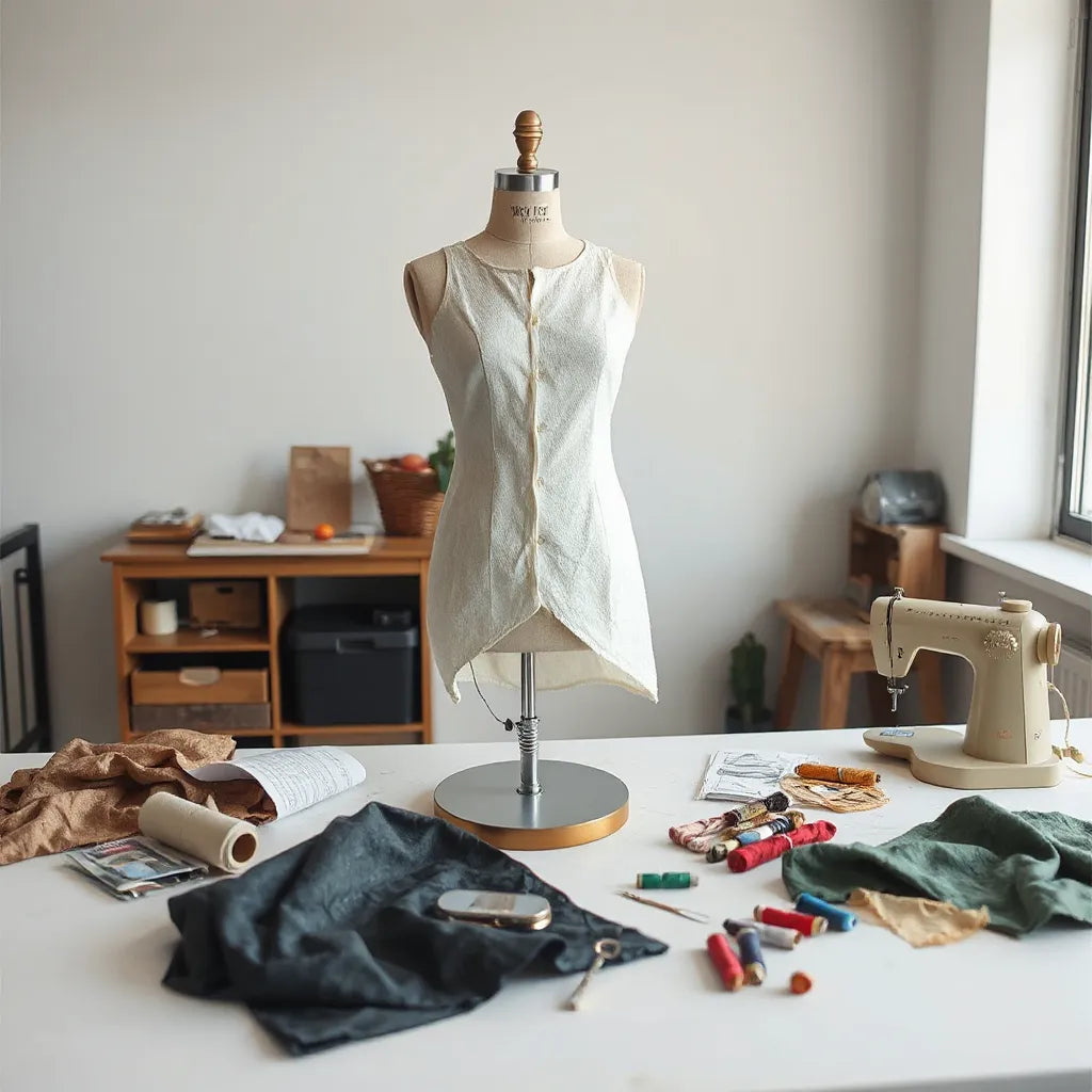 Tailoring workspace with a mannequin in a partially finished artistic garment, fabric swatches, and sewing tools
