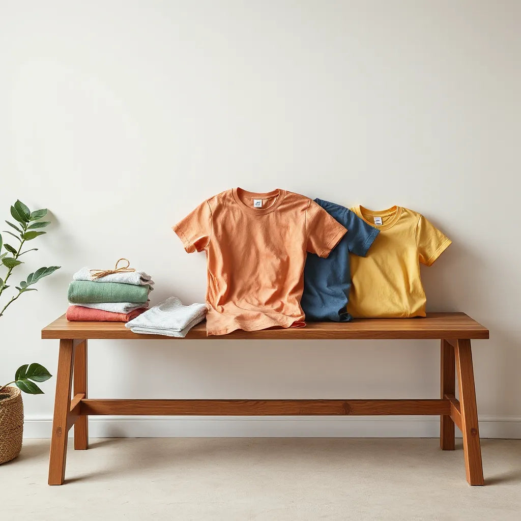 Curated folded t-shirts in a neutral studio setting, one laid open to show fabric and fit details
