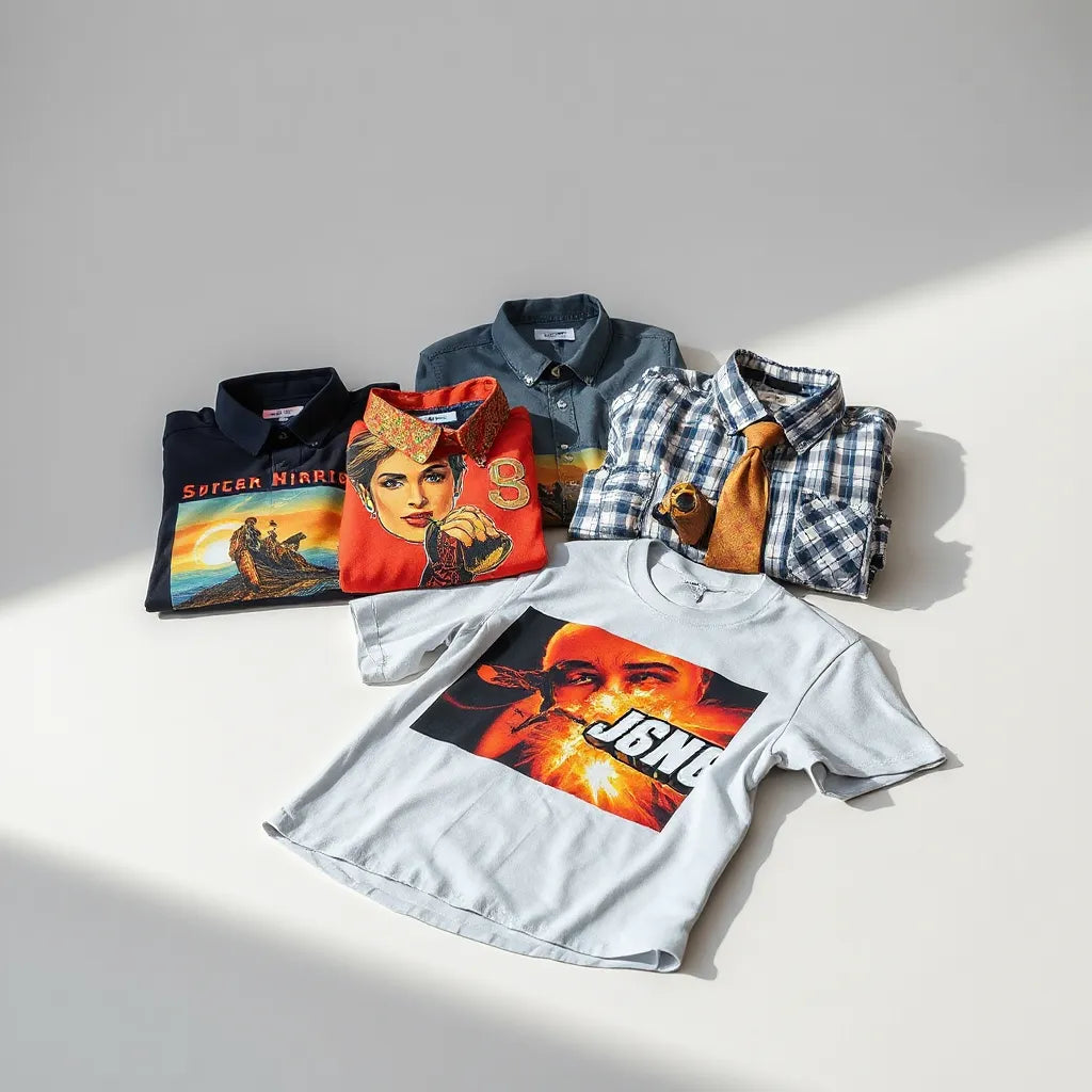Neatly folded distinctive printed shirts with crisp, high-contrast artwork on a clean neutral background
