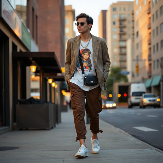 Person in layered mismatched streetwear outfit with bold sneakers and accessories walking on a city sidewalk.