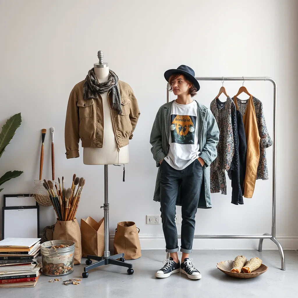 Creative studio setup featuring a model in distinctive artist-inspired streetwear with layered textures and accessories