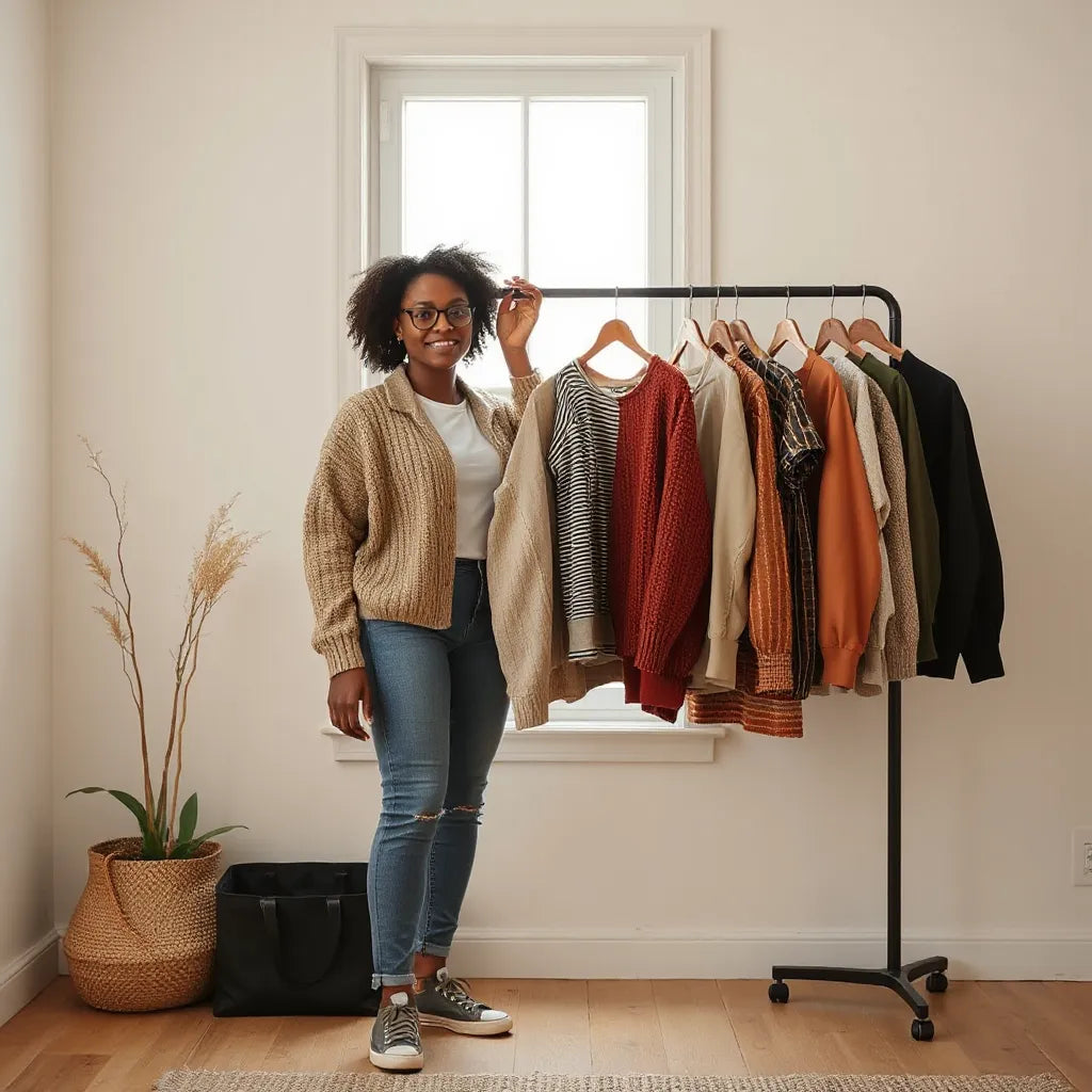 Person in natural light holding a curated set of garments with varied textures and colors for an everyday personal style