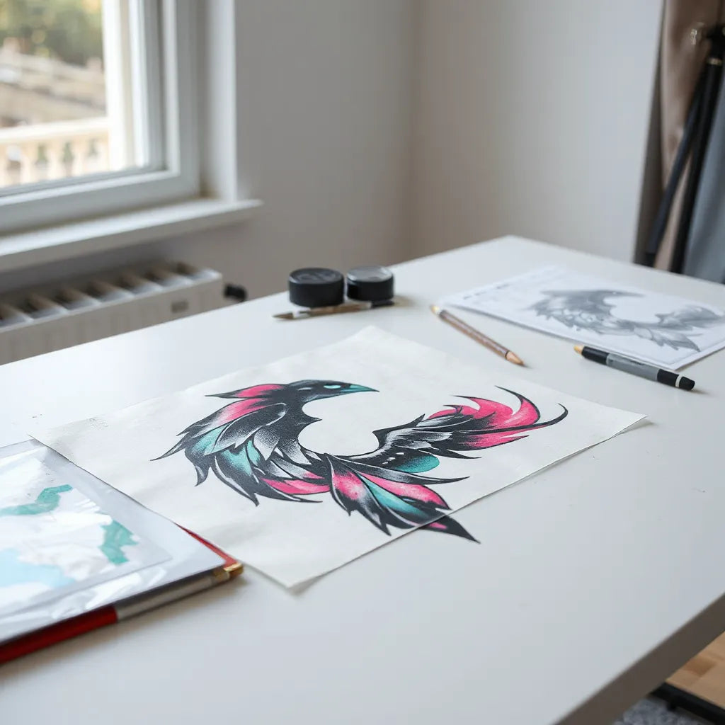 Bold tattoo graphic design on a transfer sheet with surreal neon colors under soft studio lighting