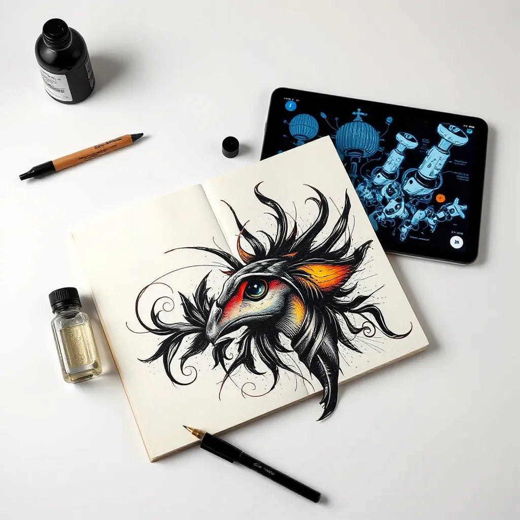 Surreal tattoo graphic design sketch with neon ink accents on a studio desk and a tablet nearby
