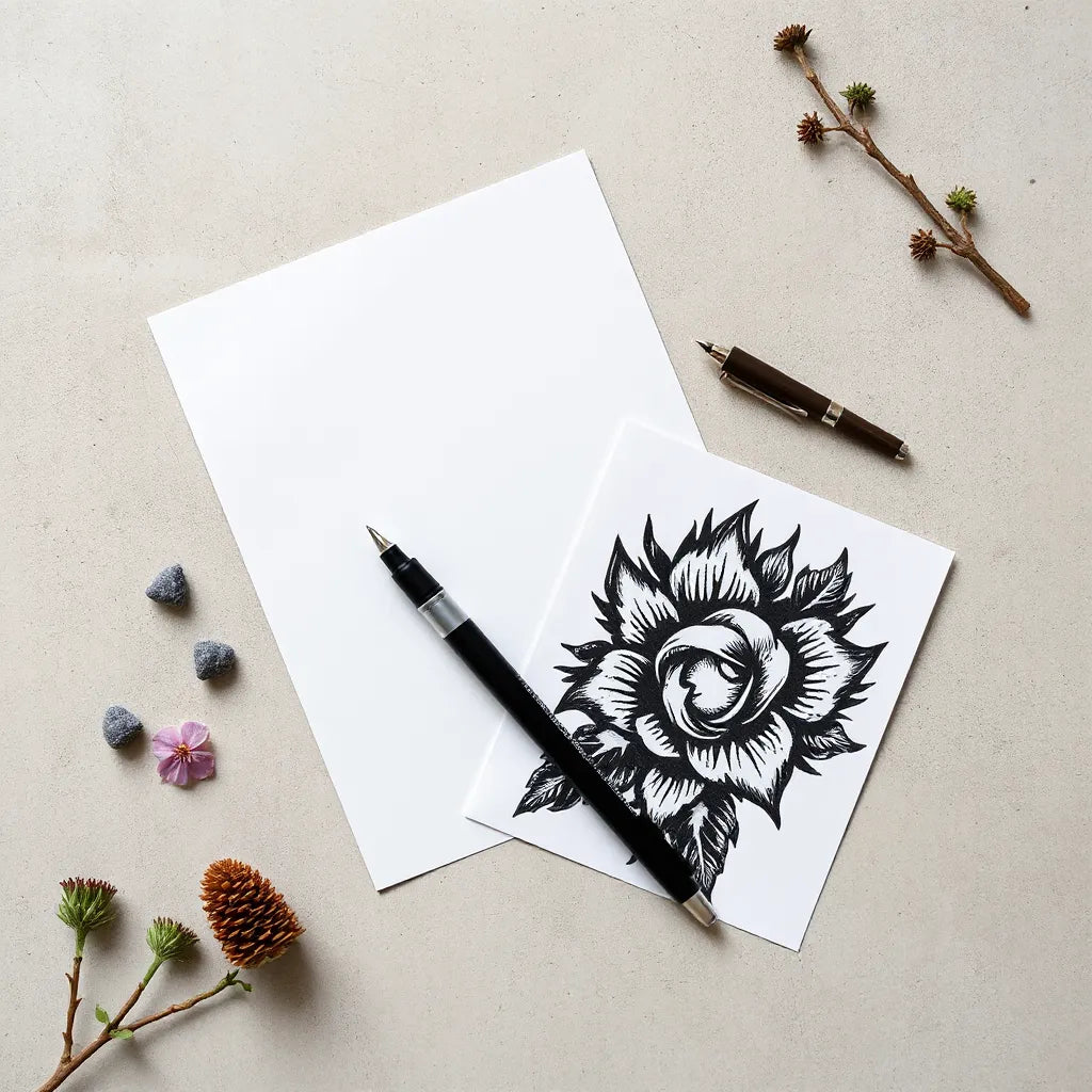 Tattoo graphic design mockup with pen and stencil on a minimal studio tabletop
