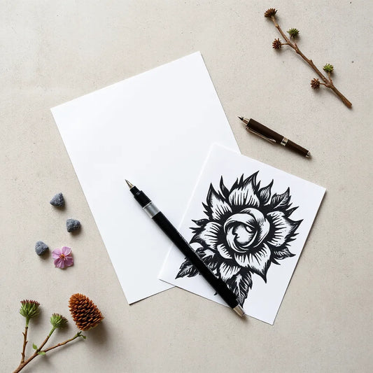 Tattoo graphic design mockup with pen and stencil on a minimal studio tabletop
