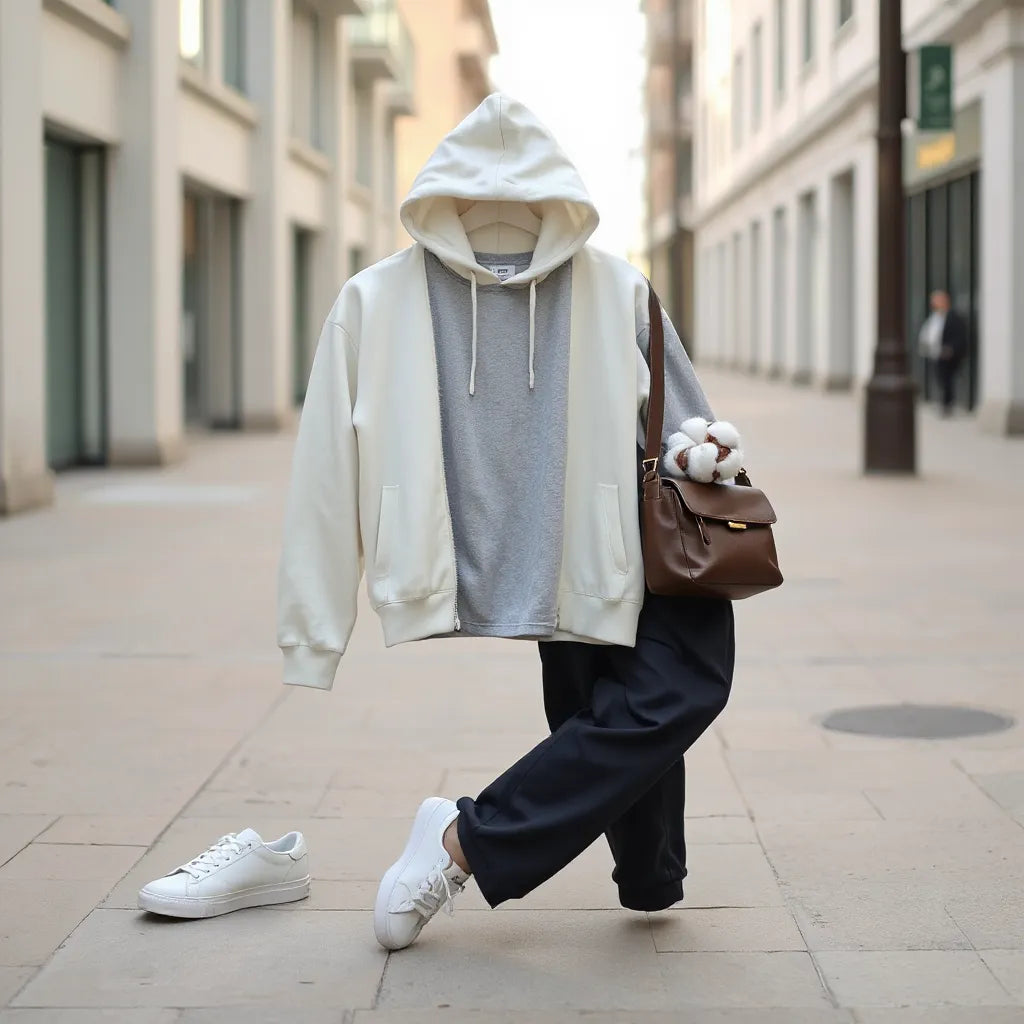 Relaxed cotton streetwear outfit with hoodie and T-shirt in neutral tones on a city sidewalk