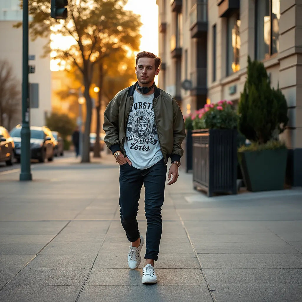 Tattoo-inspired streetwear outfit on a model walking through an urban street at golden hour