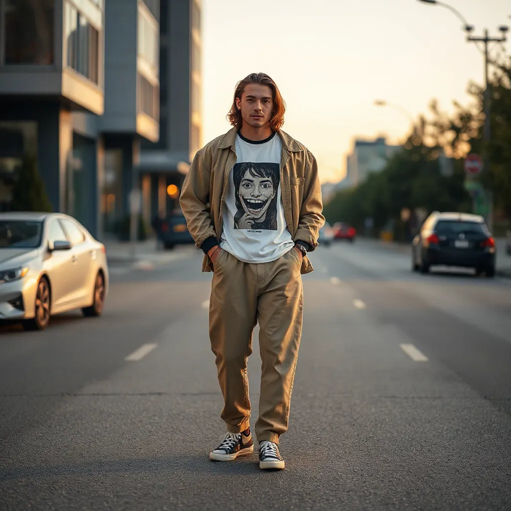 Model in a distinctive streetwear outfit on a quiet city street at golden hour with visible clothing textures