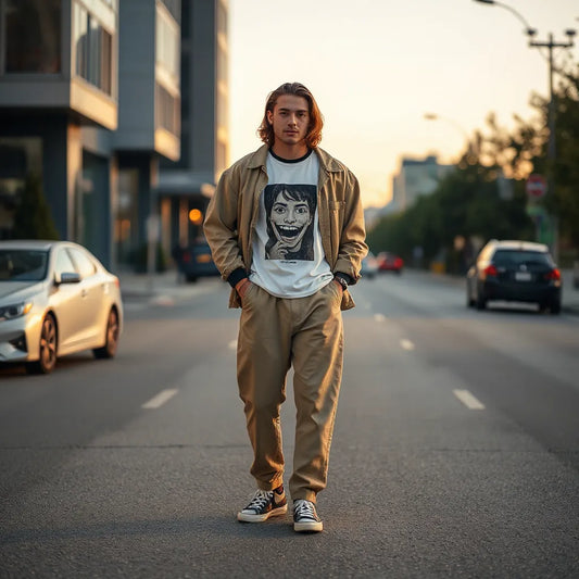 Model in a distinctive streetwear outfit on a quiet city street at golden hour with visible clothing textures