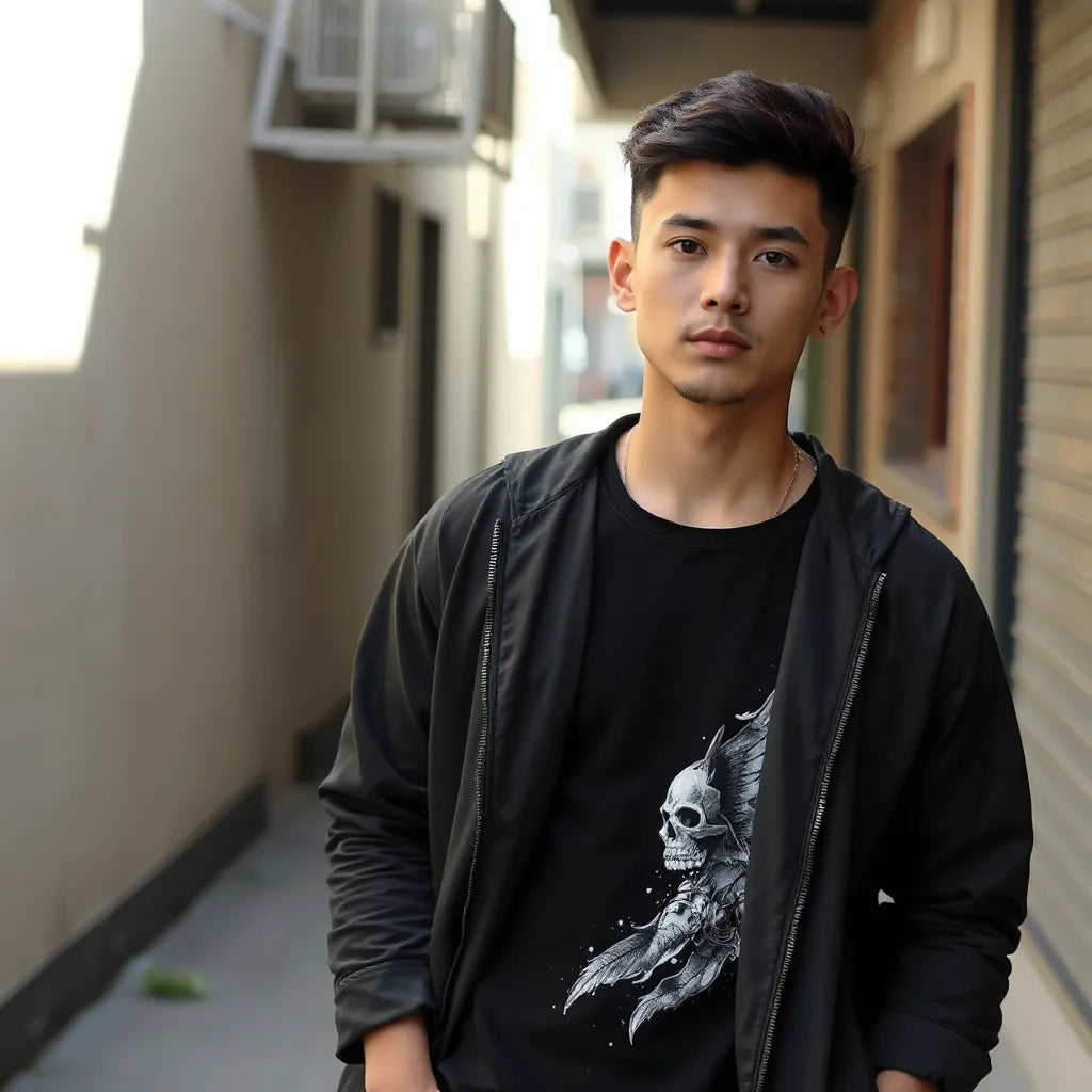 Person wearing a modern tattoo-inspired graphic tee in an urban setting with soft natural light
