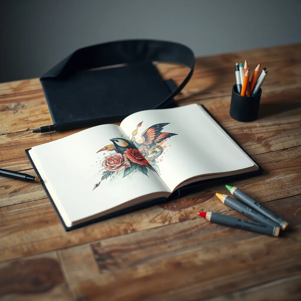 Surreal tattoo-inspired graphic design sketch with ink-like lines and bold color palette in a studio