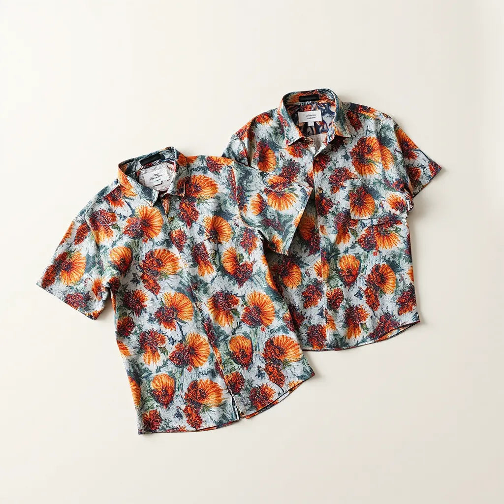 Two all over print shirts with full-coverage repeating graphics on a neutral studio surface
