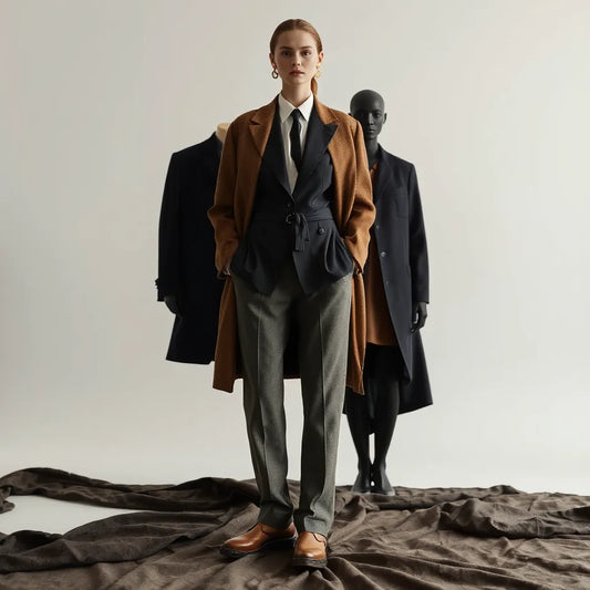 Model in asymmetrical avant-garde outfit with sculptural layers in a minimalist studio setting