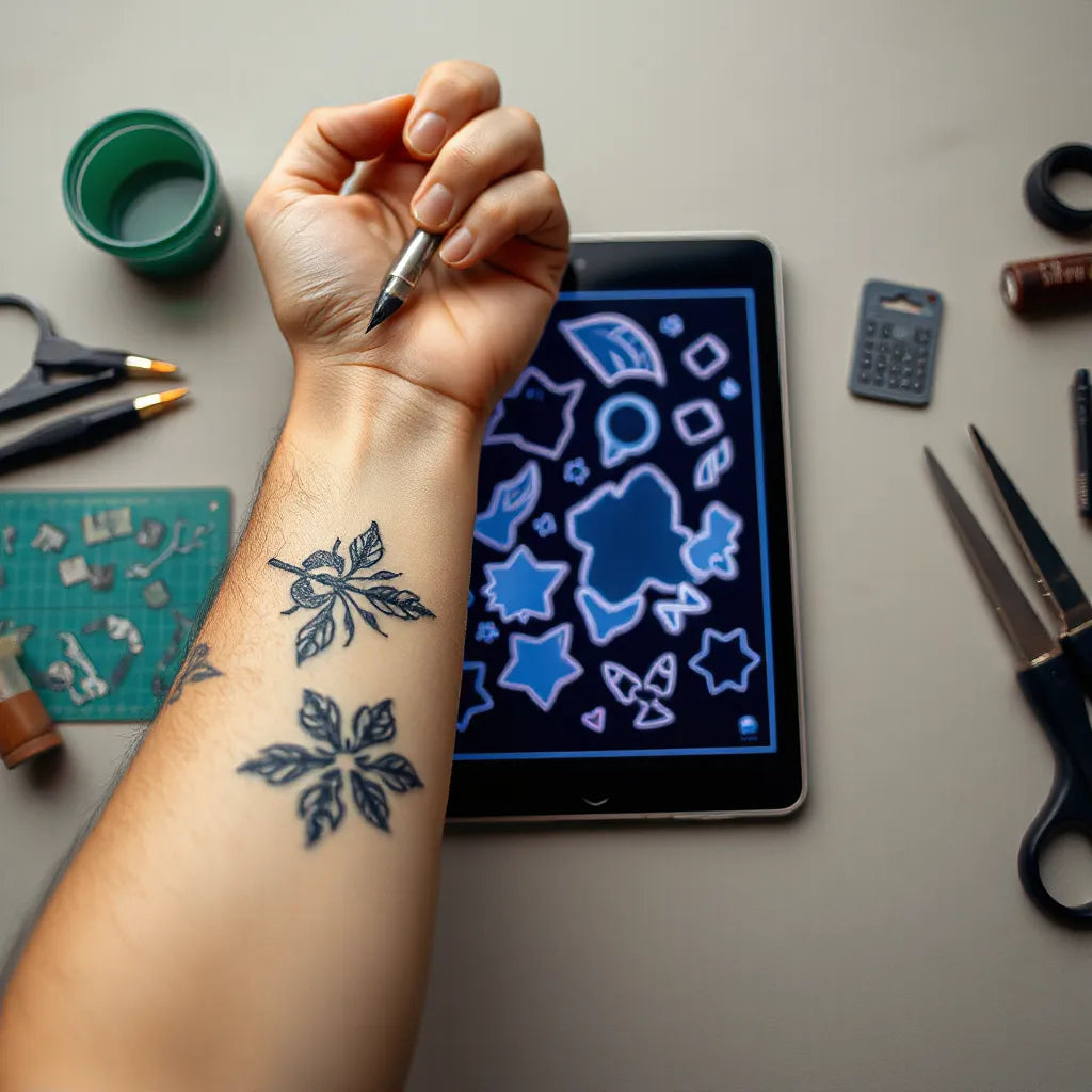 Bold tattoo stencil on an arm with surreal AI layout shown on a digital tablet in a clean studio