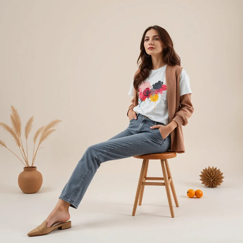 Model wearing abstract graphic artwork-inspired clothing in a minimal studio setting