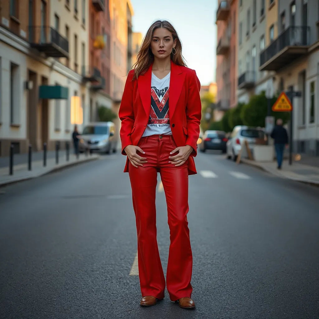 Confident model wearing a vivid statement outfit with bold blazer and graphic top in a clean urban setting