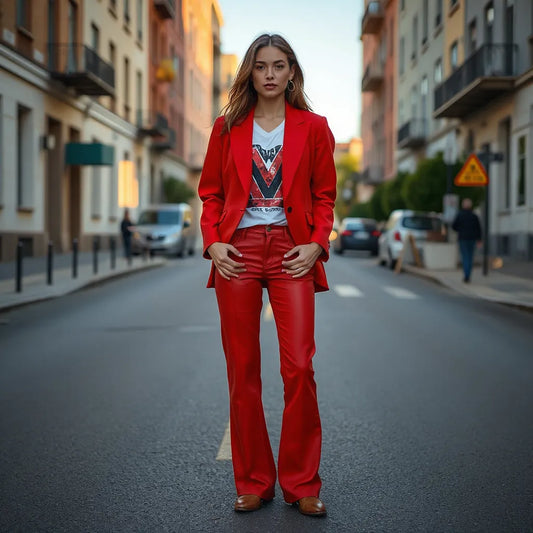 Confident model wearing a vivid statement outfit with bold blazer and graphic top in a clean urban setting