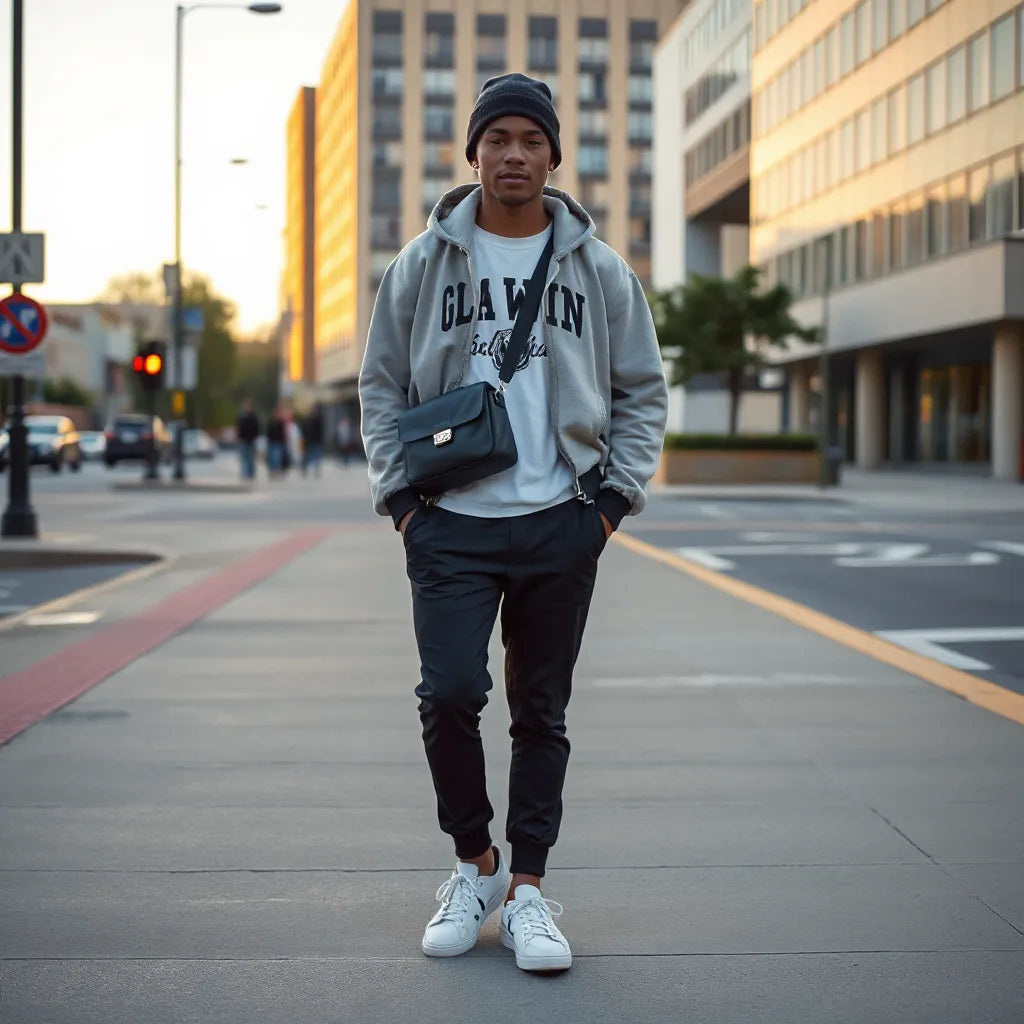 Street fashion look with layered hoodie, graphic tee, statement jacket, and patterned pants on an urban sidewalk