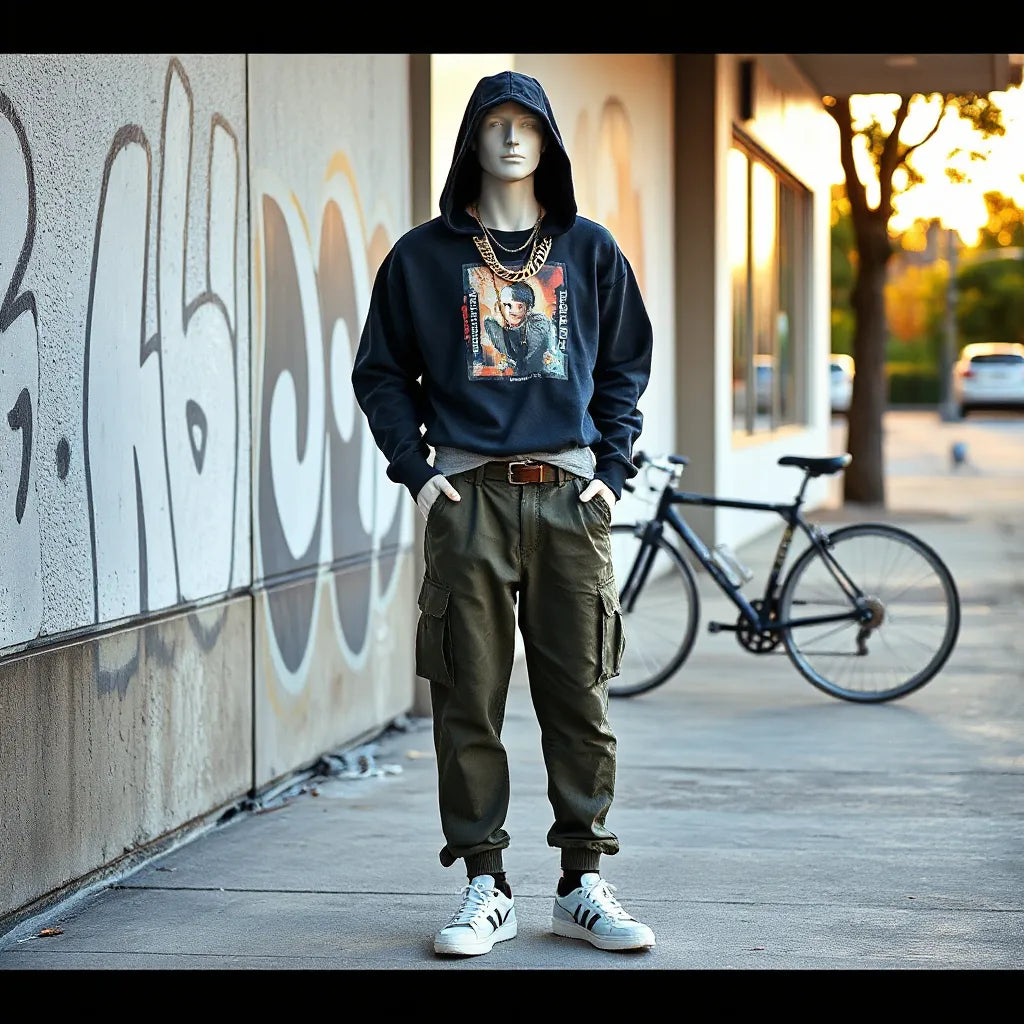 Model in layered oversized hoodie and cargo pants styling a creative streetwear look on a city sidewalk