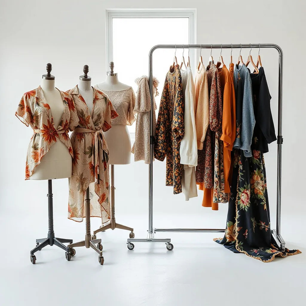 Curated artistic fashion garments on dress forms with studio lighting and flowing fabrics