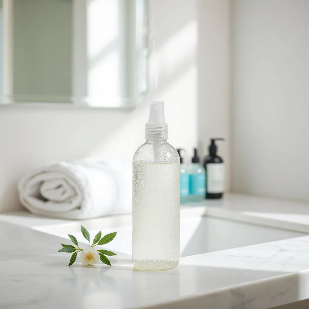 Facial mist bottle releasing a fine spray on a fresh, softly lit skincare vanity