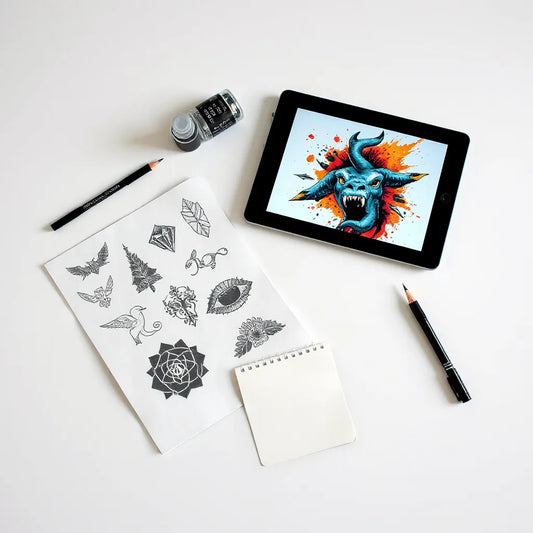 Tattoo stencil and bold graphic sketches beside a tablet showing surreal AI art concepts