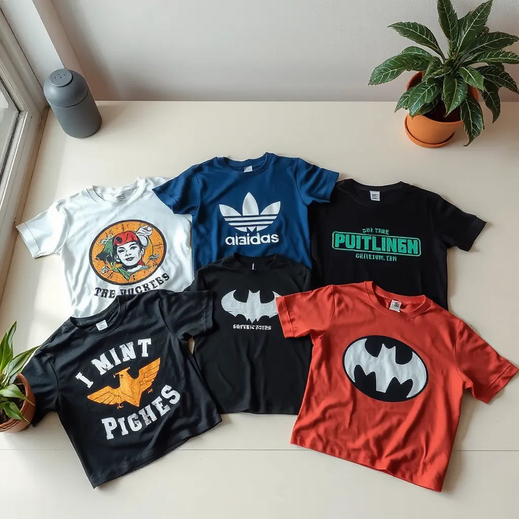 Assorted limited edition graphic t-shirts laid out with visible fabric texture and distinct colors