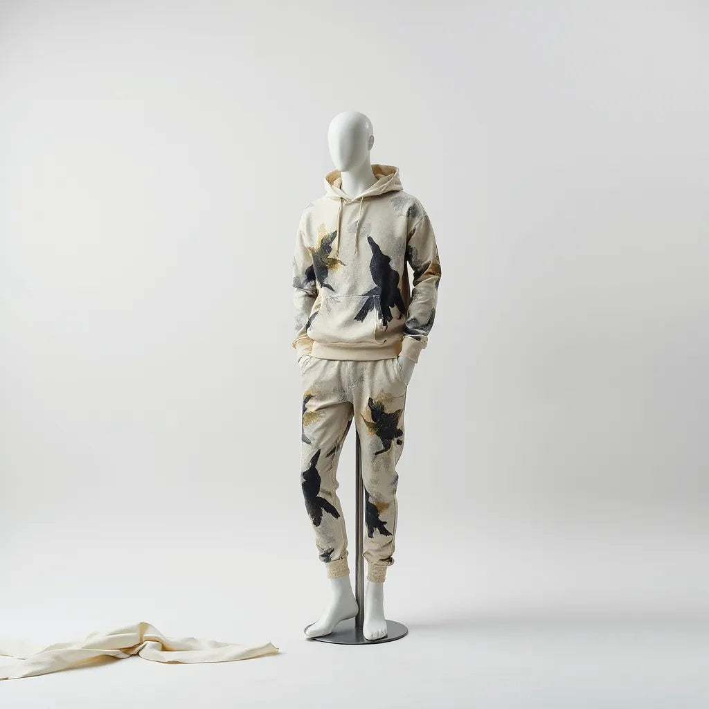 Mannequin in a hoodie and joggers featuring surreal dreamlike abstract prints in a minimal studio setting