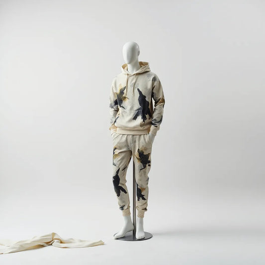 Mannequin in a hoodie and joggers featuring surreal dreamlike abstract prints in a minimal studio setting