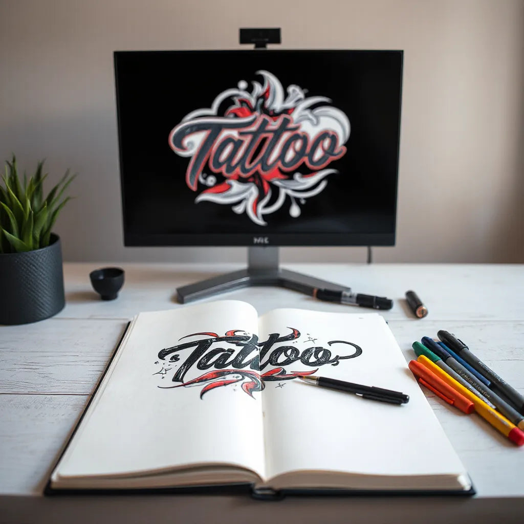 Sketchbook and stylus with bold tattoo graphic design concept beside an AI art preview on a monitor