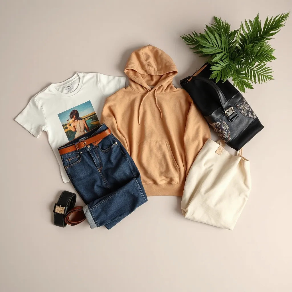 Art-inspired t-shirt, hoodie, and jeans styled on a neutral studio background with minimal accessories