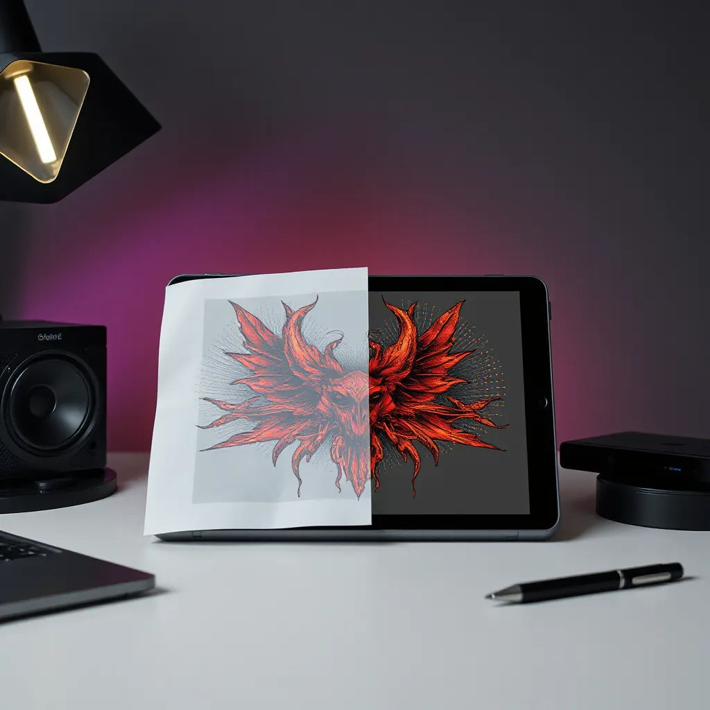 Surreal tattoo graphic design created on a tablet with AI-inspired overlays over a clean desk