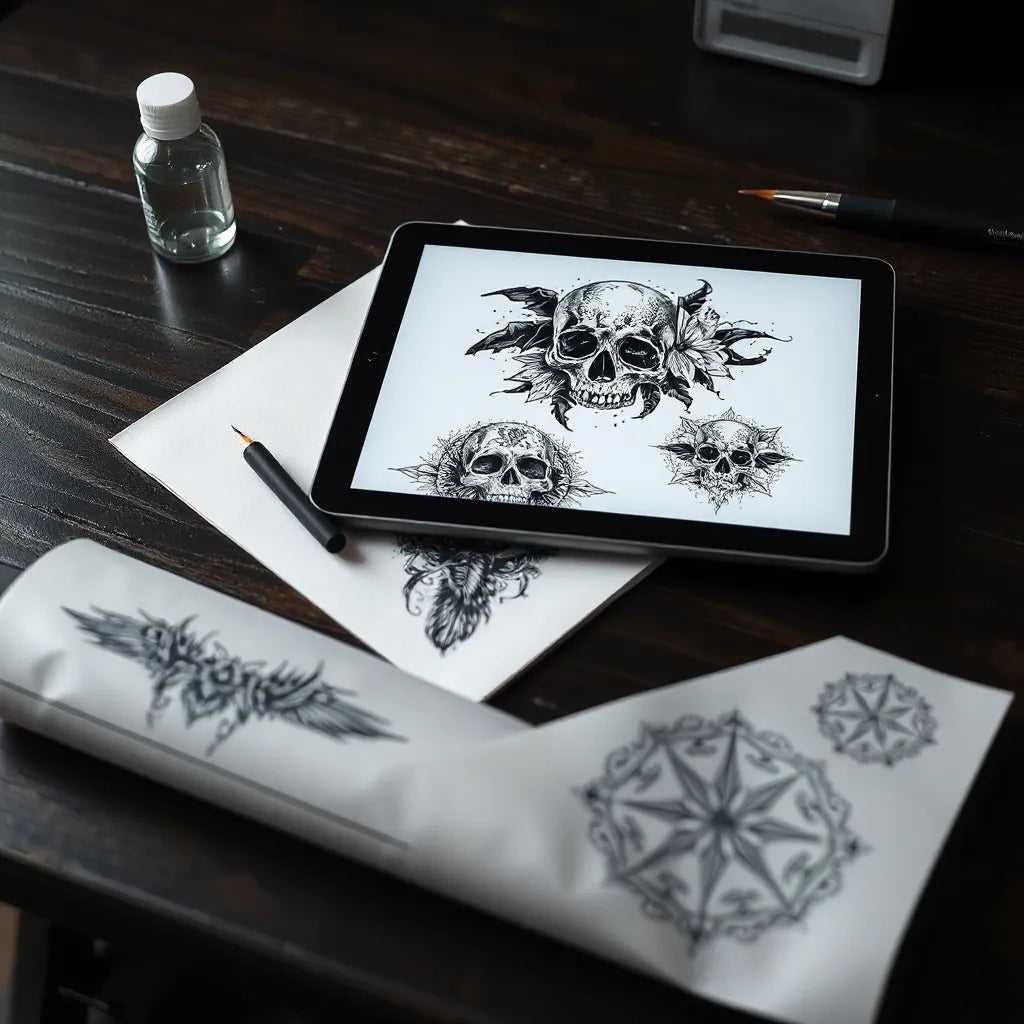 Tattoo stencil and AI-inspired surreal graphic design on a desk with ink tools and a tablet