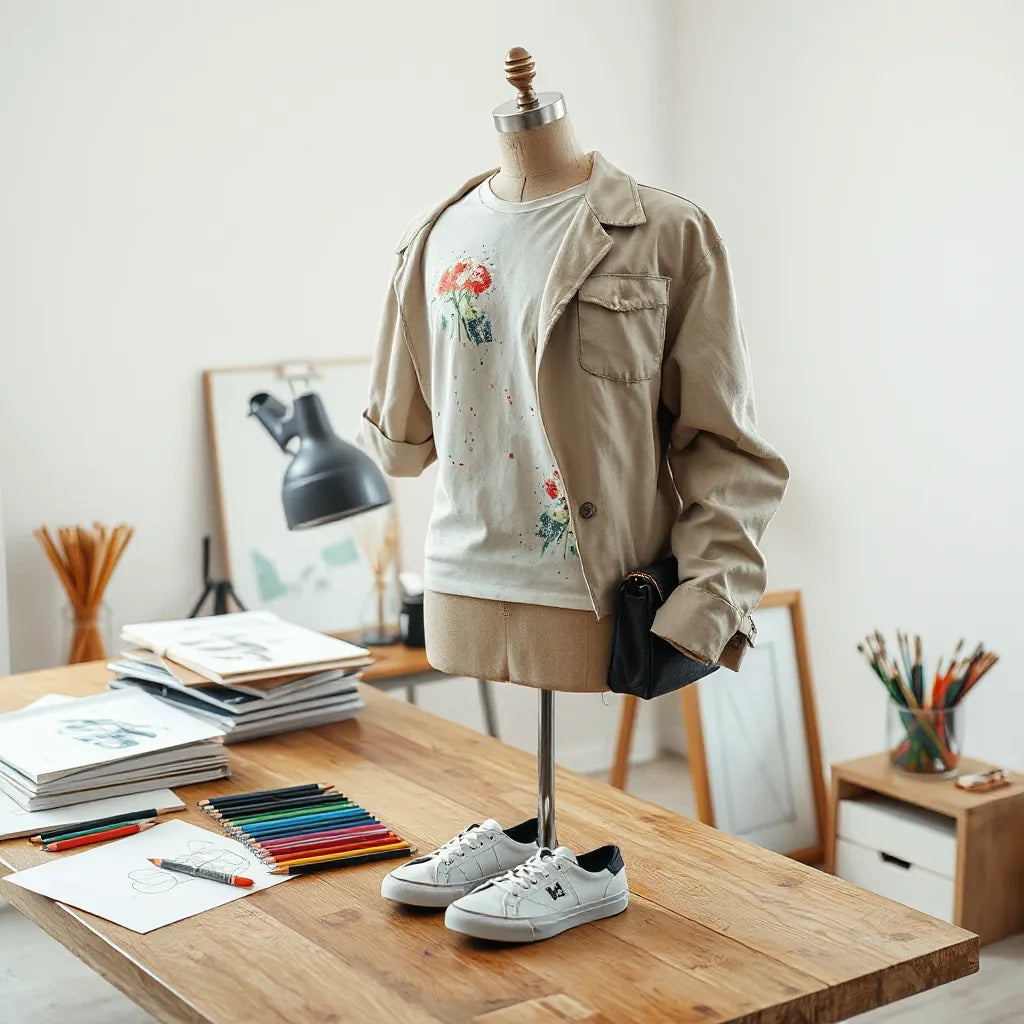 Artist studio mannequin styling creative graphic top with an art-inspired jacket and accessories