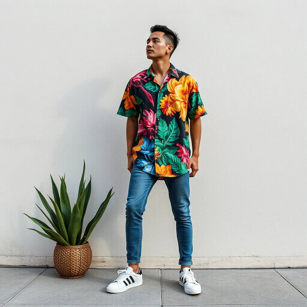 Model wearing a high-saturation all-over printed shirt with vivid patterns from shoulder to hem