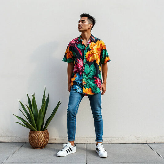 Model wearing a high-saturation all-over printed shirt with vivid patterns from shoulder to hem