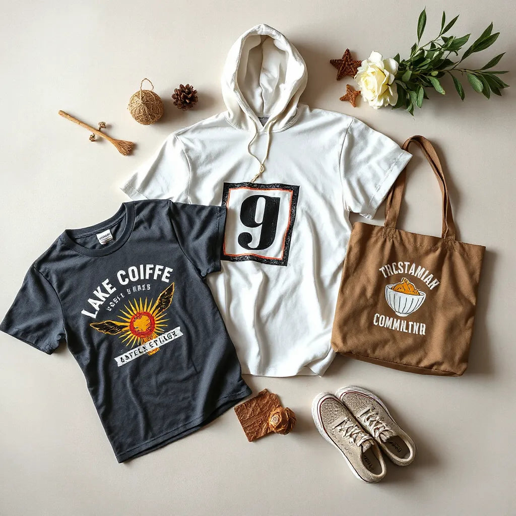 Graphic T-shirt, hoodie, and tote displayed in a clean studio flat-lay with bold designs and visible fabric texture