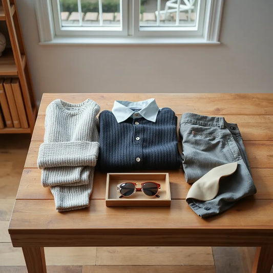 Neatly arranged curated clothing pieces and accessories on a minimalist table