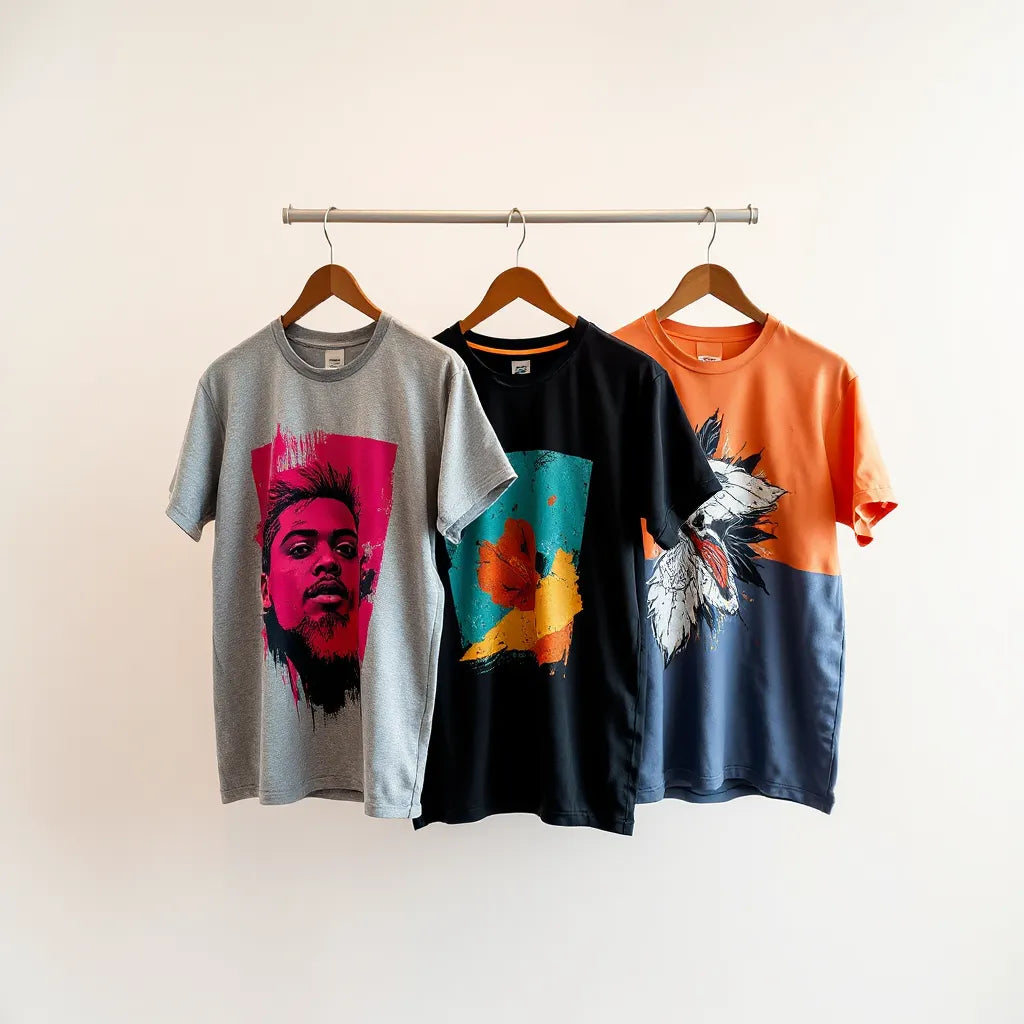 Three colorful artistic shirts with bold abstract graphics displayed in a bright studio setting