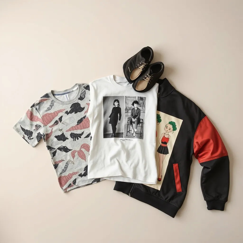 Flat-lay of shirts and a hoodie showcasing distinct creative graphic designs on neutral fabric.