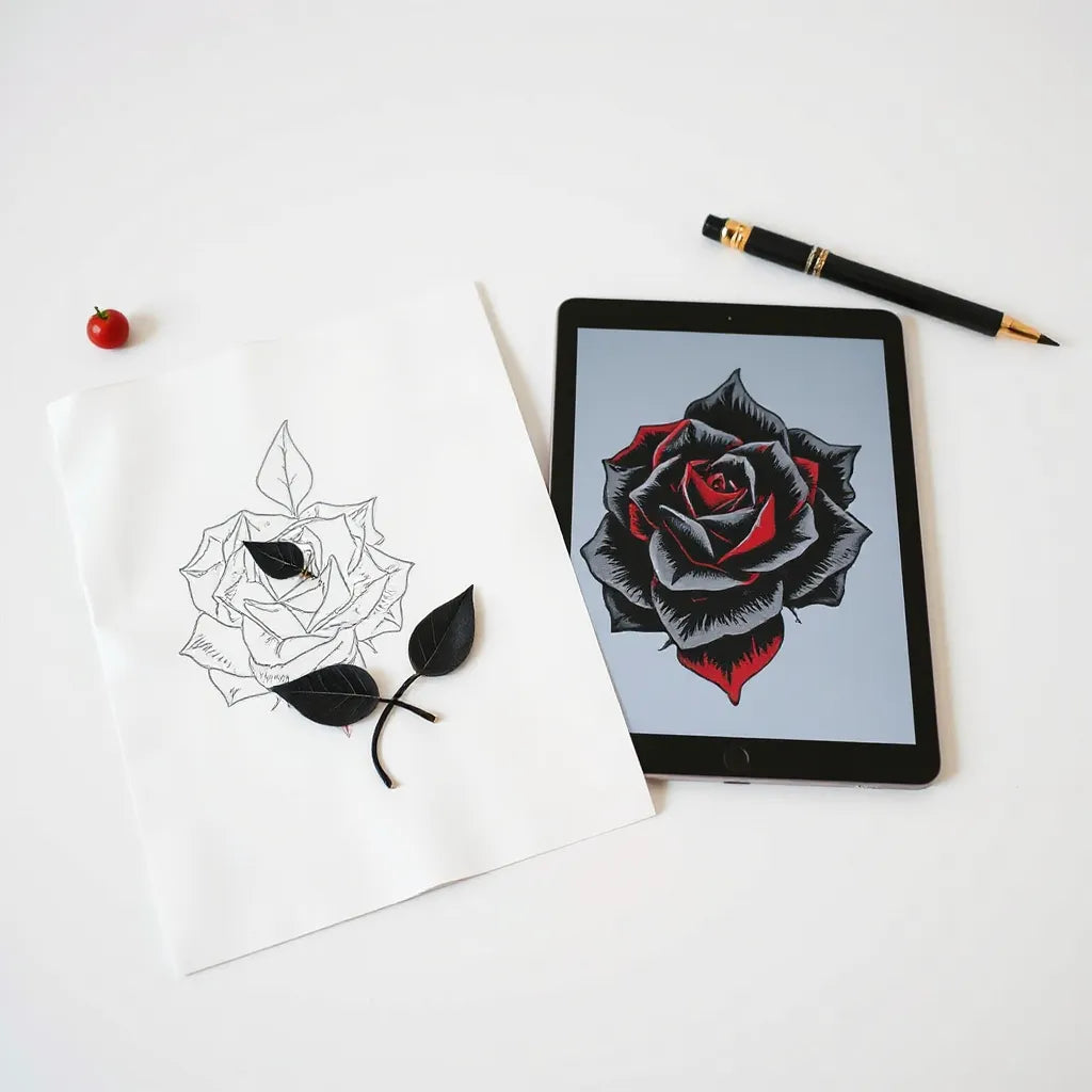 Tattoo stencil and tablet showing a surreal bold graphic design with geometric accents