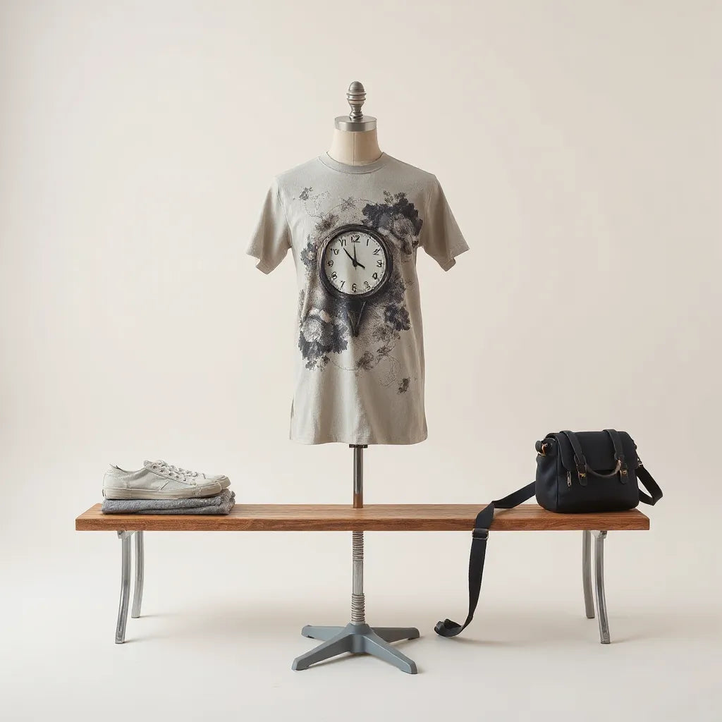 Mannequin wearing a surreal graphic tee with dreamlike melting clock artwork in a minimalist studio setting