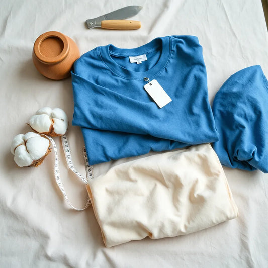 Neatly folded cotton t-shirts with visible fabric texture, soft lighting, and a generic care label tag