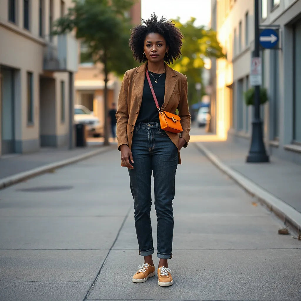 Confident person on a city street styling a unique, individualized outfit with standout accessory details