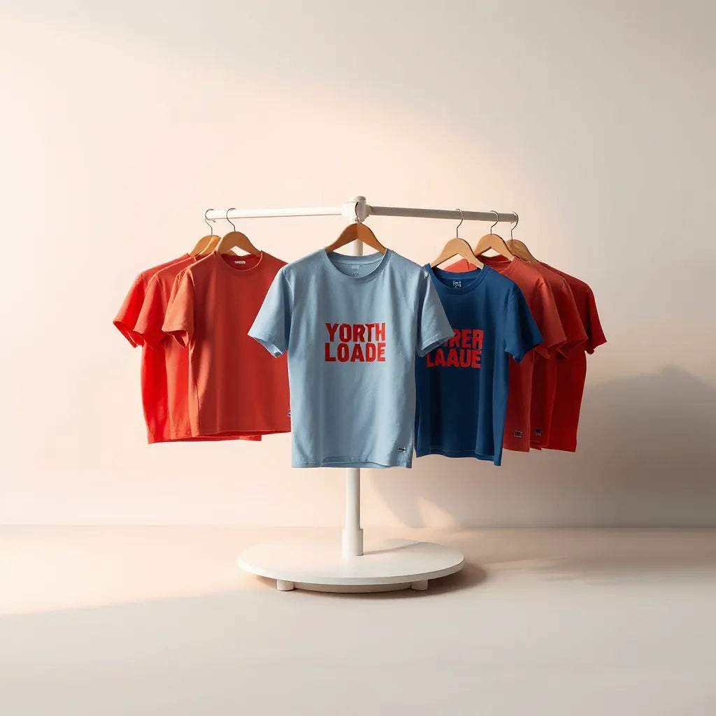Vibrant apparel mockups with bold, eye-catching graphic designs on a studio display.
