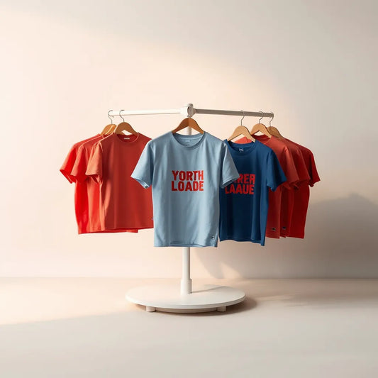Vibrant apparel mockups with bold, eye-catching graphic designs on a studio display.
