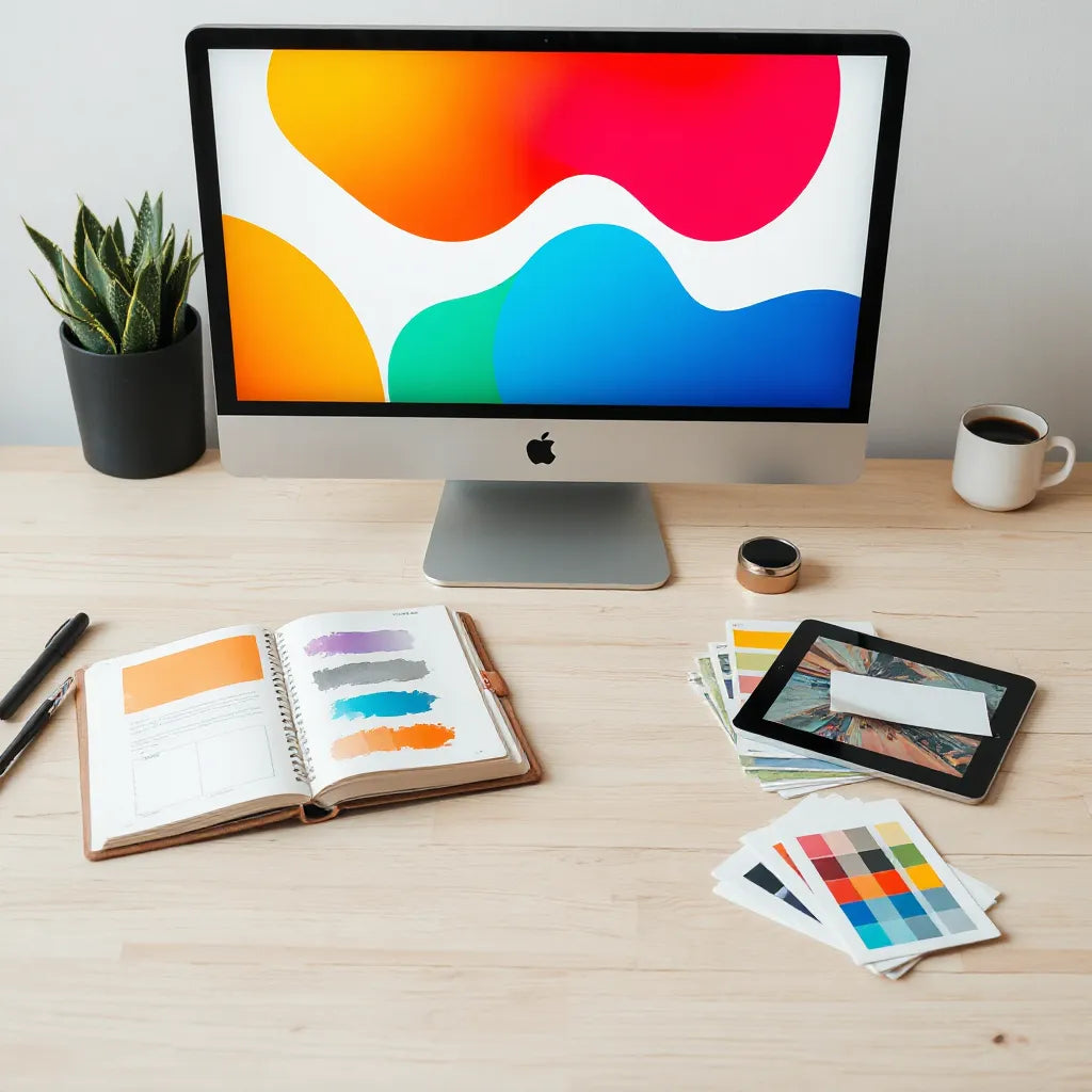 Designer workspace with colorful abstract graphic layout mockups and print samples