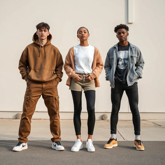 Three models wearing gender-neutral streetwear in an urban setting with hoodies, jackets, and relaxed pants