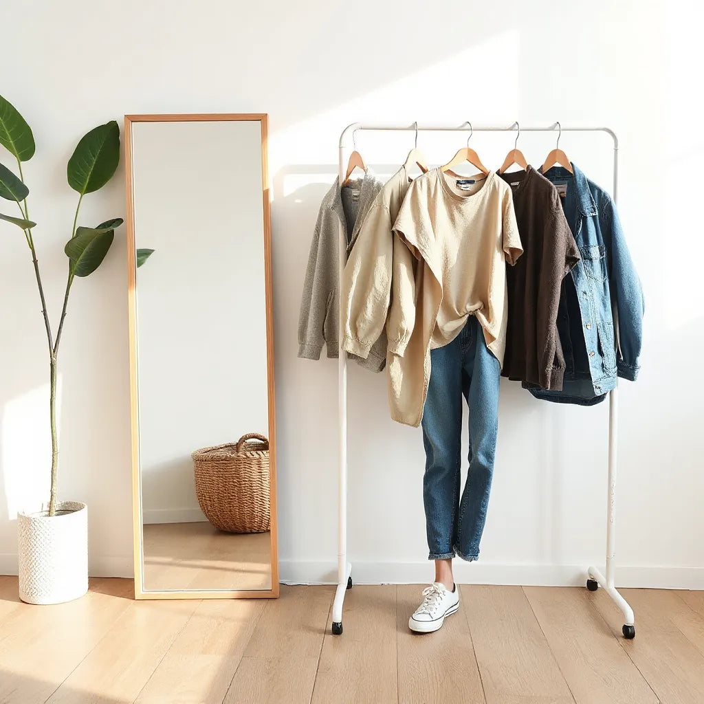 Trendy affordable clothing on a rack with casual outfit pieces and sneakers in soft natural light
